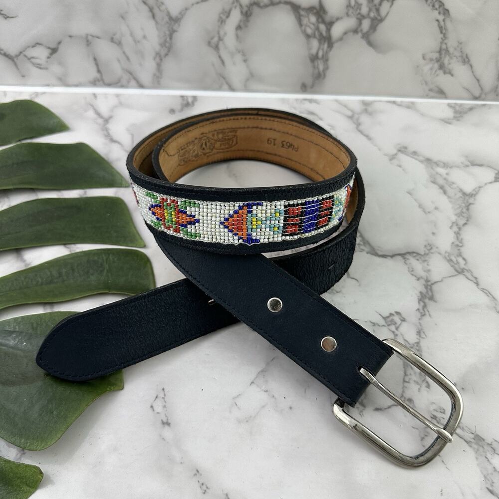 Circle of Yoakum Mens Western Belt Size 38 Black Leather Beaded Native American